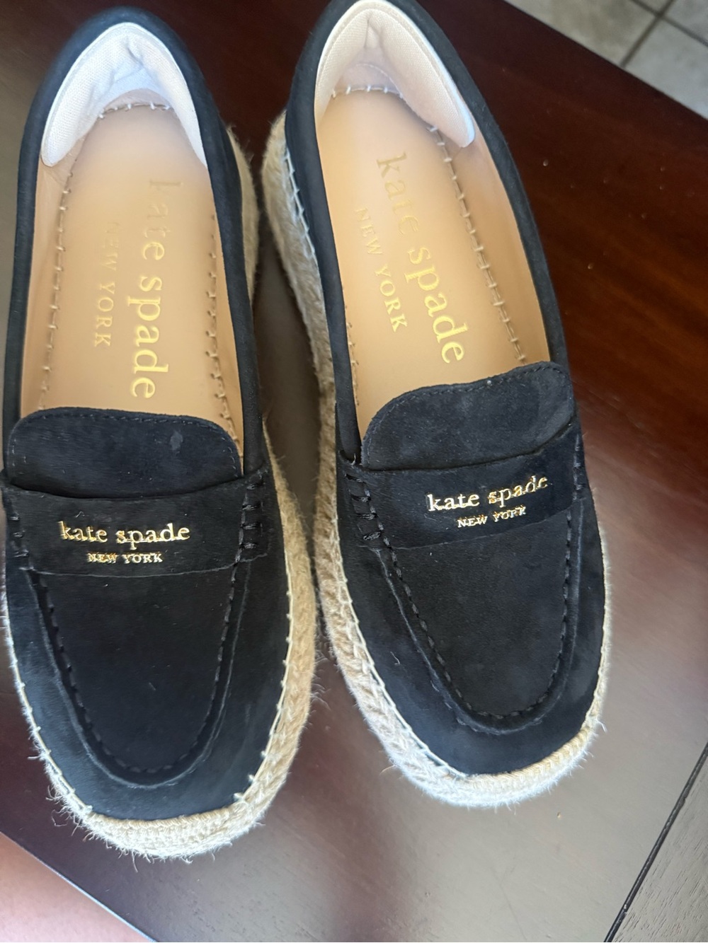 kate spade Black Suede Espadrille Loafers with Gold Logo